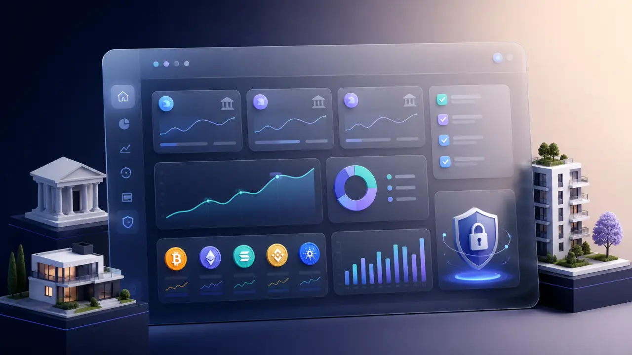 Interface financière moderne regroupant comptes, crypto et immobilier