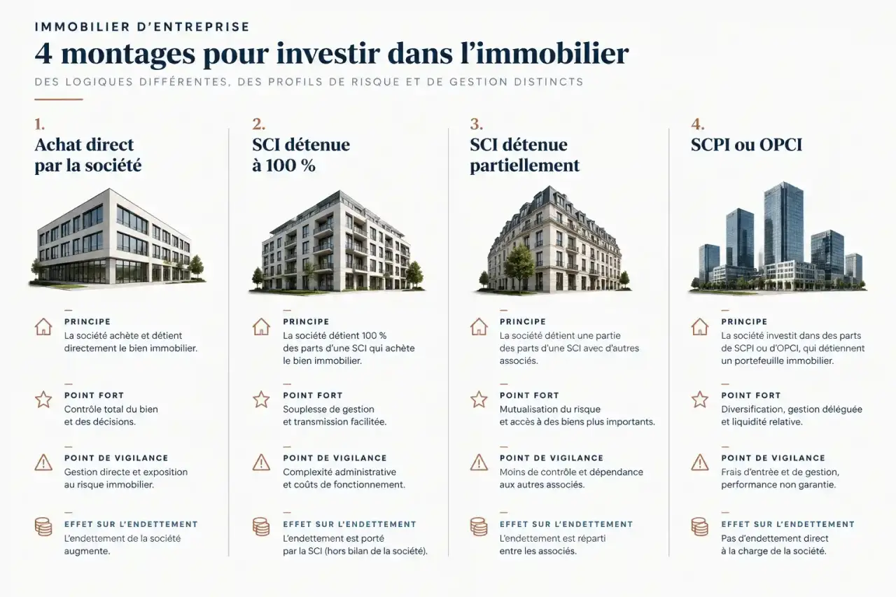 Comparatif des quatre montages d'investissement immobilier en entreprise : achat direct, SCI, SCI partielle et SCPI ou OPCI