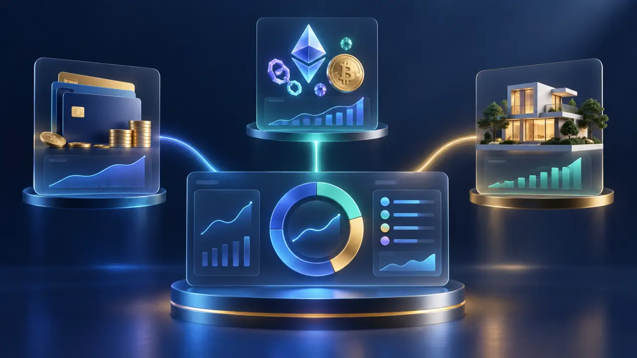 Tableau de bord financier centralisant comptes bancaires, cryptomonnaies et immobilier