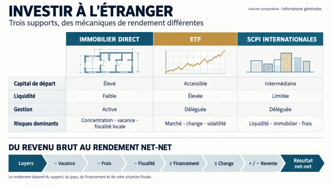 Infographie pour investir à l'étranger : supports, risques et calcul du rendement net-net