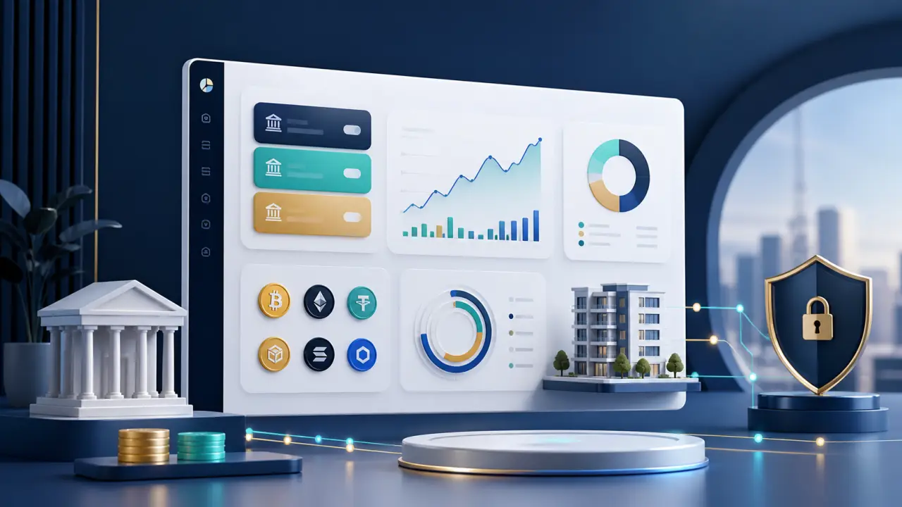 Interface moderne de suivi patrimoine multi-actifs sur fond sombre