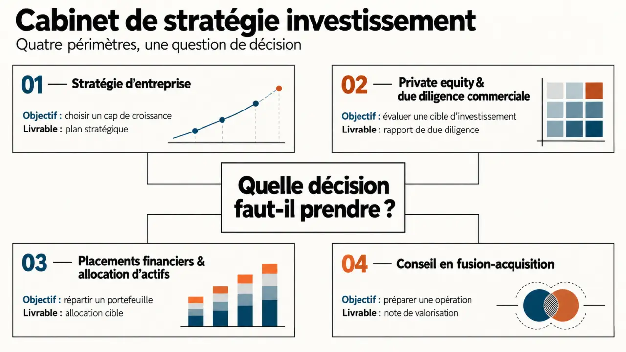 Cabinet de stratégie investissement : distinction entre stratégie, private equity, placements financiers et conseil en fusion-acquisition