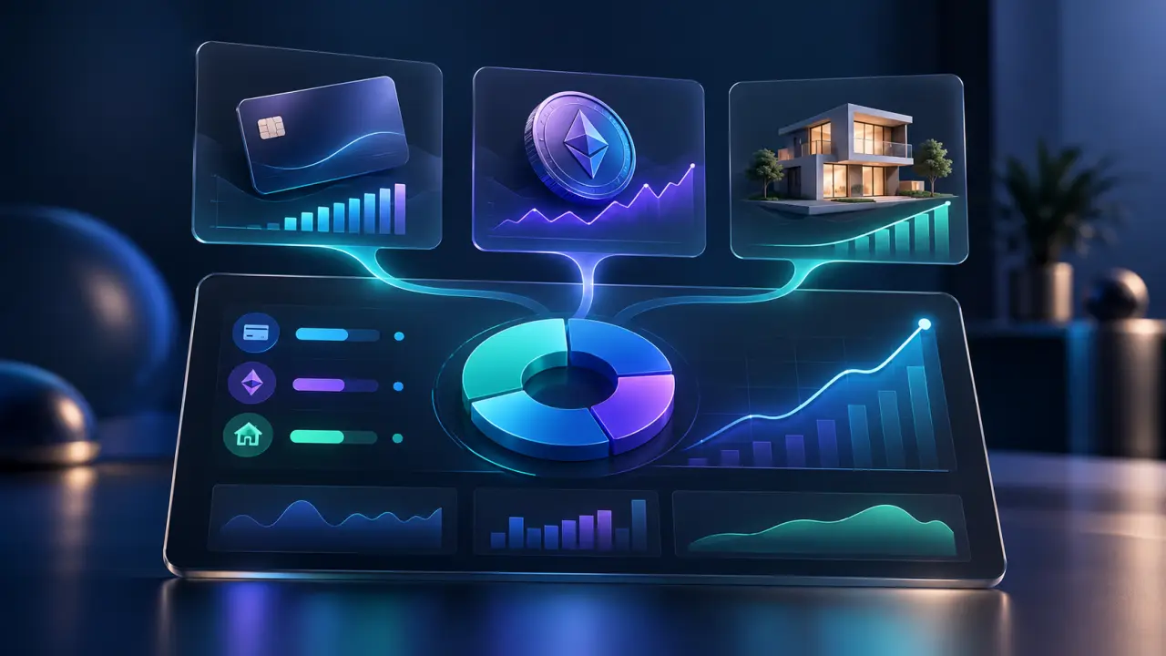 Tableau de bord financier centralisant un compte bancaire, des cryptomonnaies et un investissement immobilier