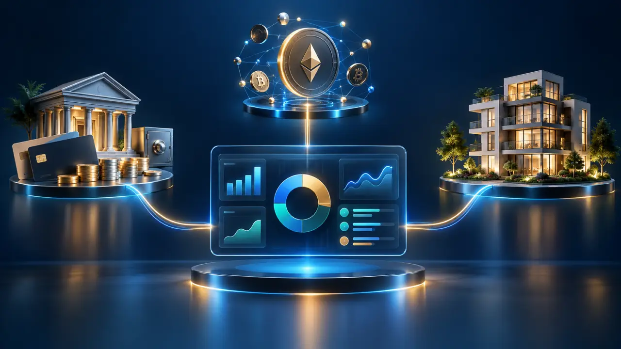 Tableau de bord financier réunissant des actifs bancaires, des cryptomonnaies et de l'immobilier