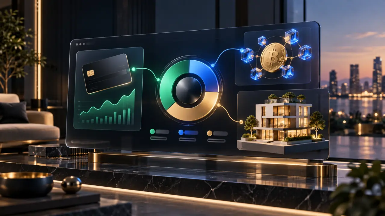 Tableau de bord réunissant comptes bancaires, portefeuille crypto et patrimoine immobilier