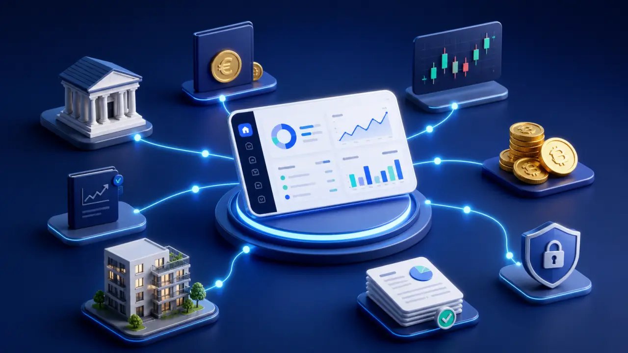 Illustration d’un tableau de bord financier moderne regroupant plusieurs actifs