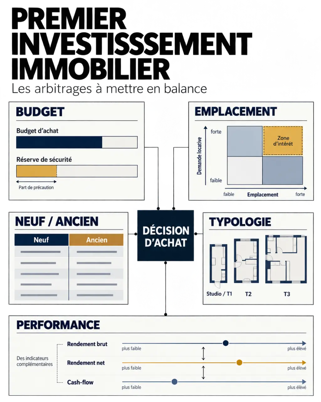 Premier investissement immobilier : graphique des arbitrages entre budget, type de bien, rendement et risque